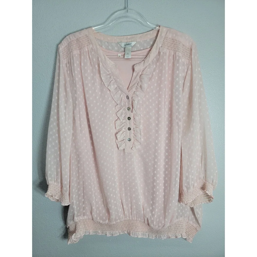 CJ Banks Women 2X Blouse Pink Swiss Dot Ruffle Smocked Hem 3/4 Sleeve Top